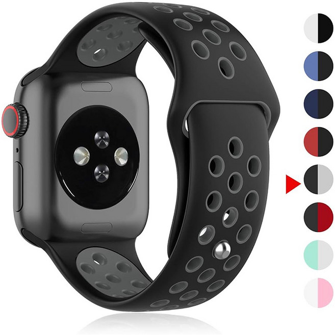 Apple Watch 38mm 42mm 40mm 44mm 소프트 실리콘 밴드 통기성 스포츠 실리콘 스트랩과 호환되는 시계 밴드, 블랙 / 그레이