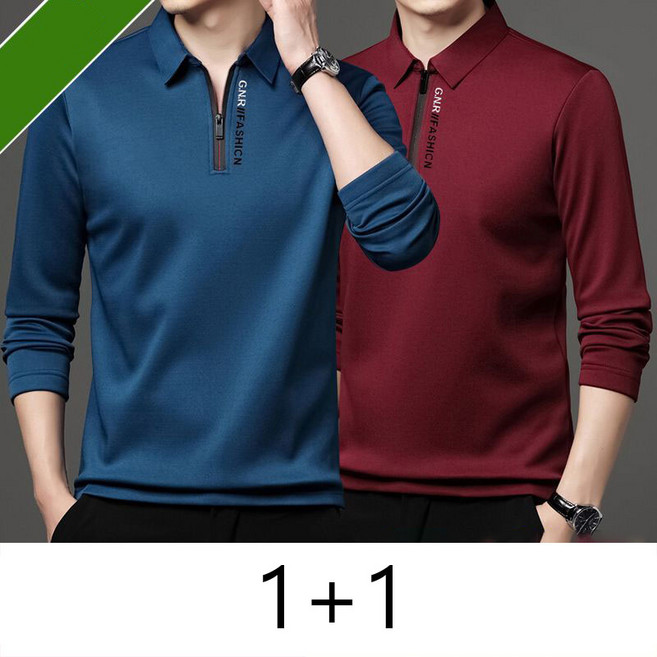 1+1 중년 남성 폴로넥 긴팔 티셔츠 캐주얼 봄 가을 터틀넥 긴팔티 루즈핏 남자 반집업 상의 CY