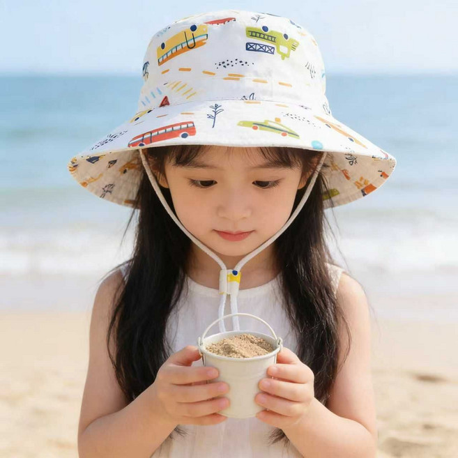 兒童卡通遮陽漁夫帽, 1個, 遮陽帽米色汽車3-8歲均碼 帽圍50-54cm