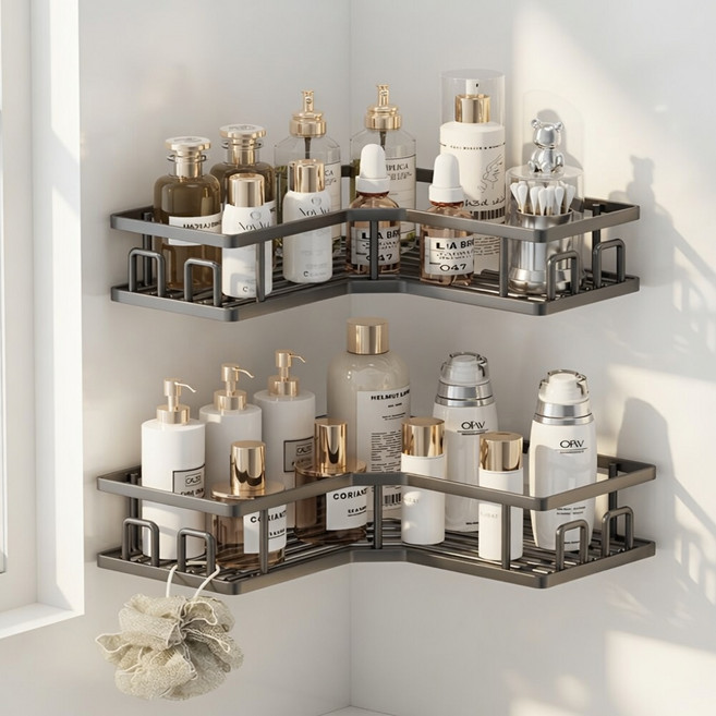 유앤아이 코너형 욕실선반 무타공 정리대, 2개 세트, 블랙