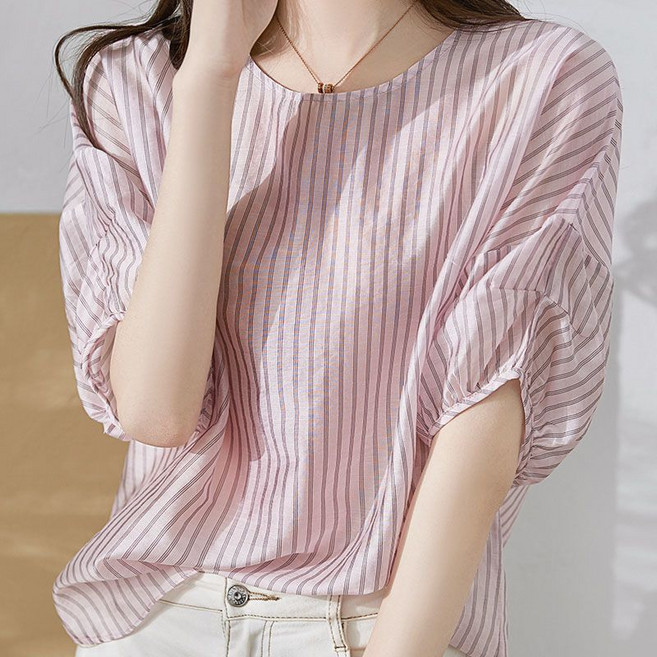besteffie 블라우스 여성 여름 쉬폰 라운드넥 루즈핏 무지 스트라이프 고급 빅사이즈 반팔 블라우스 C88
