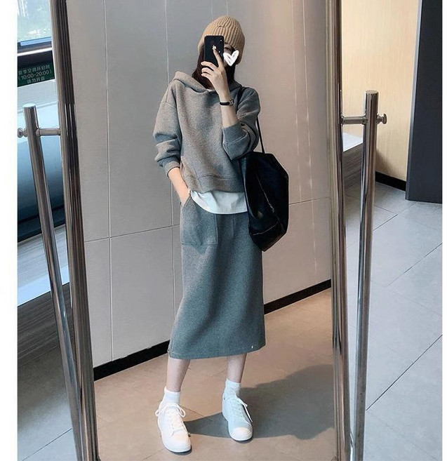 ANYOU 봄가을 빅사이즈 여성 후드티 스커트 세트 루즈핏 데일리 캐주얼 투피스