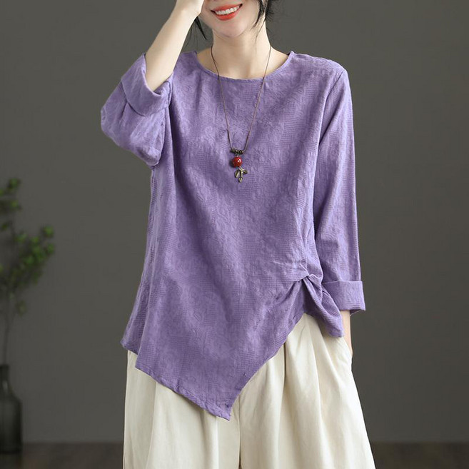 AOKADA 여성 언발 라운드 린넨 플리츠 긴팔 티셔츠 루즈핏 상의 봄 가을 긴팔티