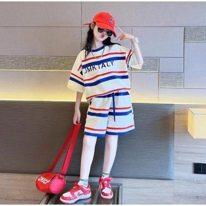 초등학생 여아 여름 반팔티셔츠+반바지 상하세트 블루단가라