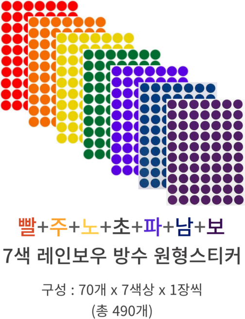 LOZY 7컬러 10mm 레인보우 방수 원형 스티커 컬러 라벨 분류 표시 정리 다이어리 도트 스티커세트, 3세트