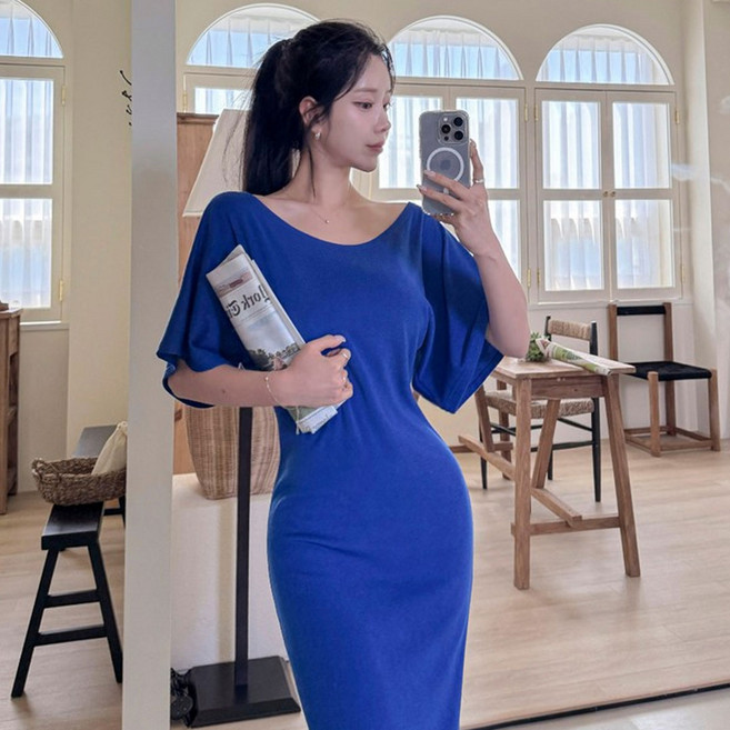 떳다그녀 실로에 오프숄더 드레이프핏 슬림 드레스 페미닌 바캉스룩 리조트룩 원숄더 꾸안꾸 롱원피스