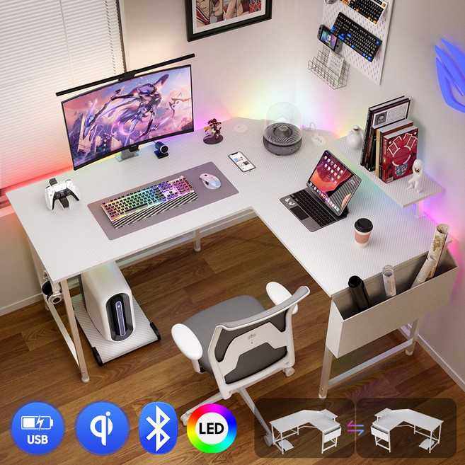 월로덴 L형 컴퓨터 책상 게이밍 책상 코너형 책상, 탄소섬유화이트 PRO