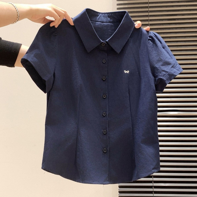 白色襯衫短袖T恤女學院風韓系甜美polo領襯衣蝴蝶刺繡設計感上衣