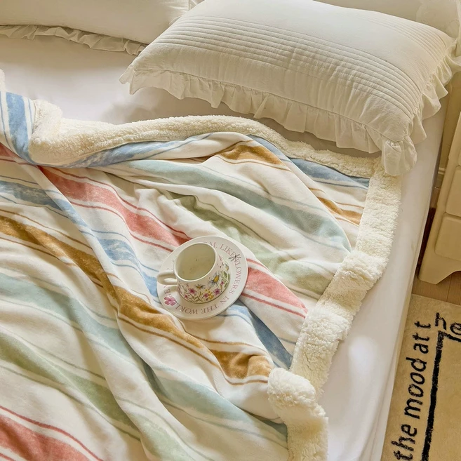 킬제이 스트라이프 양면 양털 극세사 담요 포근한 겨울 소파이불