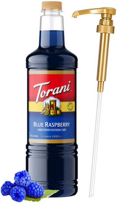 Torani Blue Raspberry Syrup 1 Liter Bottle with Pump Dispenser – Flavored Syrup with Pure Cane Su, 파란 산딸기, 1개