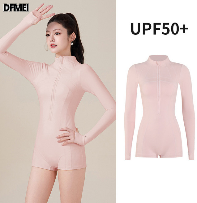 DFMEI 游泳衣女士長袖平角級防曬UPF50+連體速幹潛水服水母衣女, L