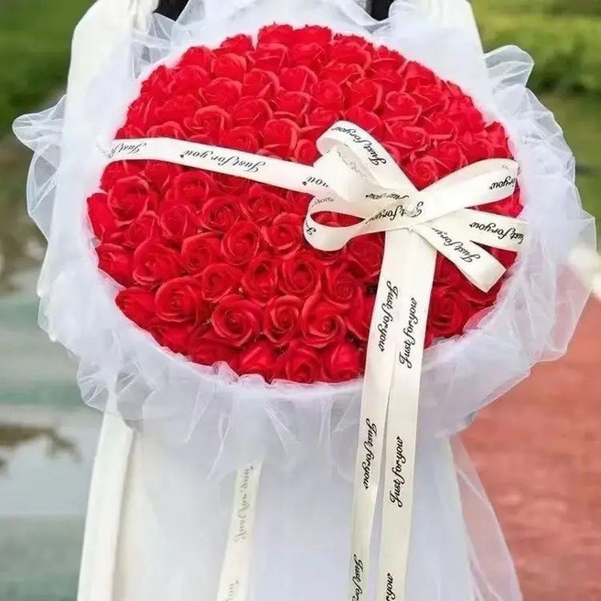 99朵香皂玫瑰花束 永生花 禮物, 1個, 99朵D白紅玫瑰贈送浪漫燈串+皇冠