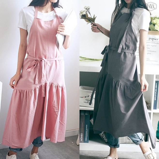 롱앞치마 여성스런 프릴 앞치마 린넨 꽃집 네일샵 여성용 가정용, 핑크(a)