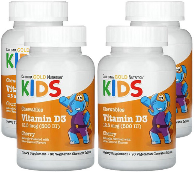 CGN 어린이를 위한 츄어블 비타민 D3 천연 체리 맛 12.5mcg(500IU) 90식물성 정제, 4개, 60정