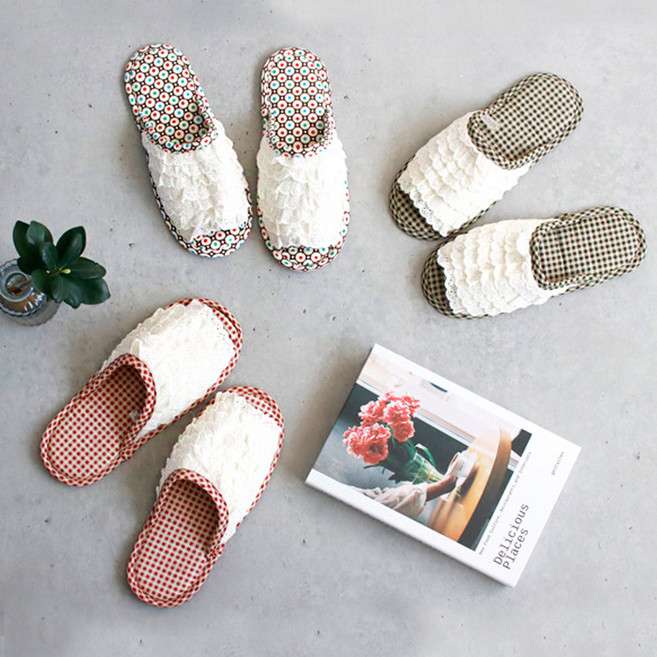 리빙안 패턴 캉캉 면 실내화 슬리퍼 거실화, 그린체크, 1개