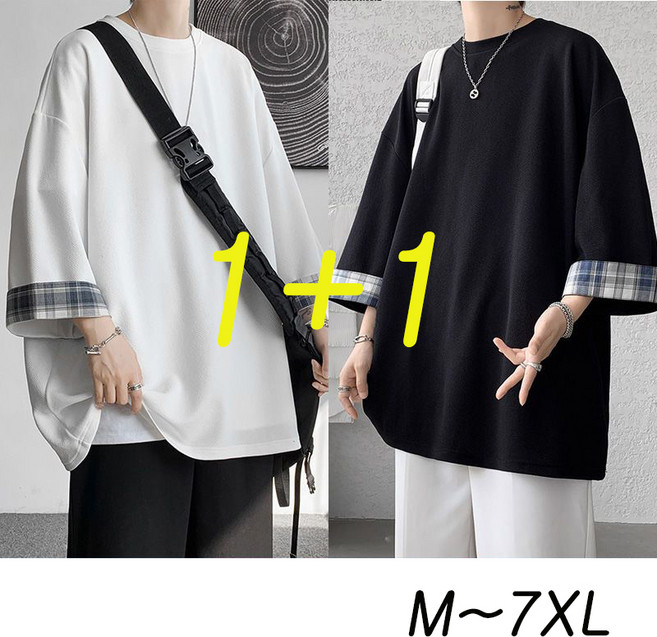 1+1 남성 라운드 반팔 티셔츠 5부7부 데일리 오버핏 쿨 냄감 반팔티 남자 무지 기본티셔츠 비치룩 여름 빅사이즈 M~7XL