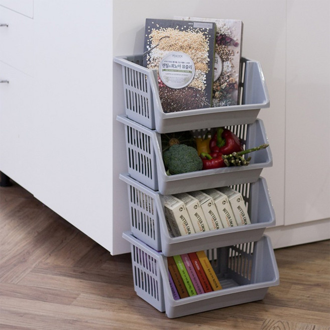 적층형 오픈바스켓 선반 다용도 수납정리함 시리즈, 크림화이트, 4개