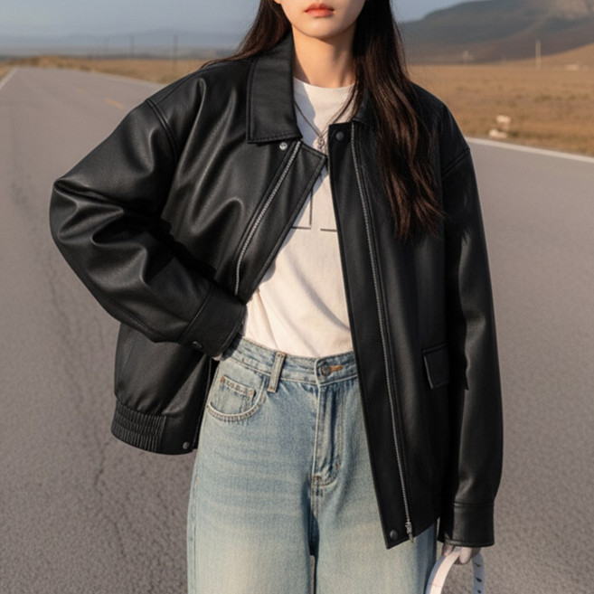 라뷰드 여성 오버핏 집업 가죽 자켓 봄 가을 간절기 가죽 라이더 점퍼 여자 루즈핏 카라넥 레자 레더 잠바 캐주얼 아우터 데일리 겉옷