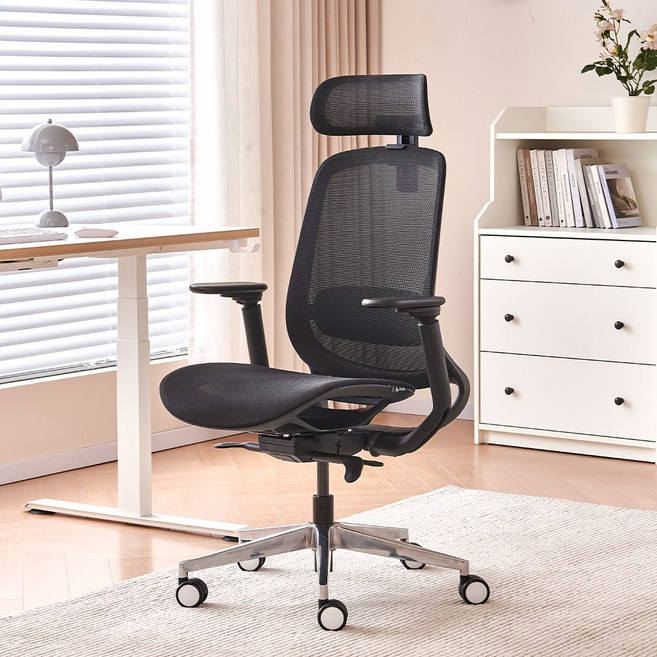 아우스 DS04 프리미엄 풀메쉬 리클라이너 사무실 학생 컴퓨터의자 게이밍 책상 의자, 블랙