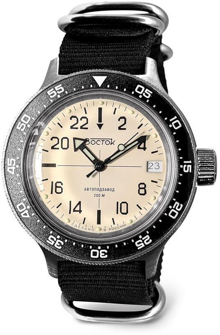 VOSTOK Komandirskie 720074 Automatic Watch | 24-Hour | 200M Water Resistance | Black Strap