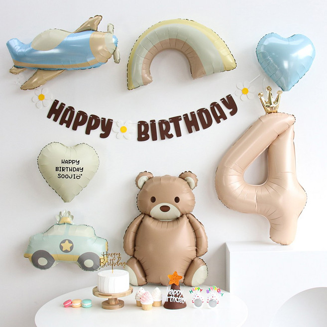 이벤트홀릭 곰돌이 무지개 비행기 풍선 생일파티용품세트(자유레터링) 두돌생일상, 1개, 숫자 풍선 4