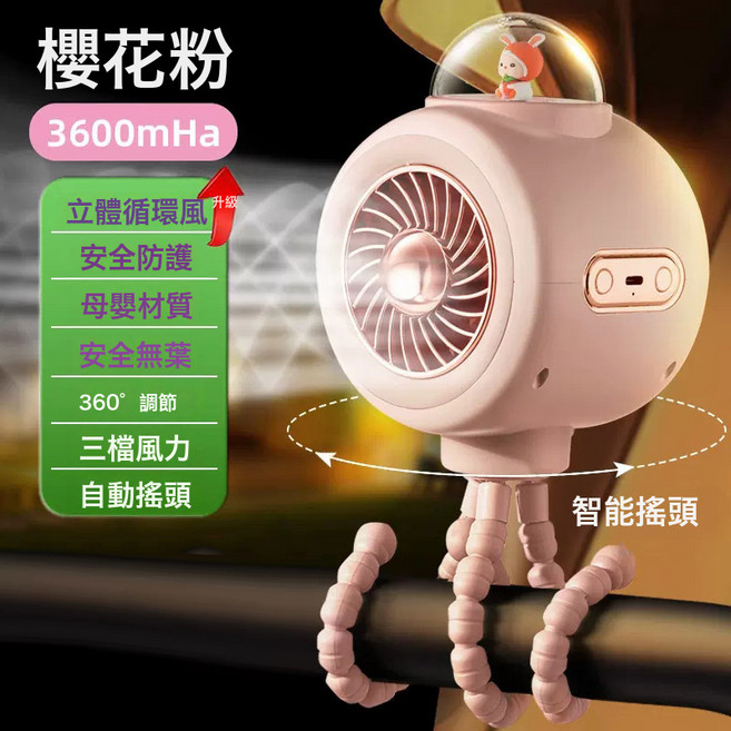 新款嬰兒車風扇家用全自動靜音搖頭戶外降溫便攜兔子八爪魚小檯扇, 1個, 粉色(高配搖頭)3600mah:嬰兒車風扇(私模專利)