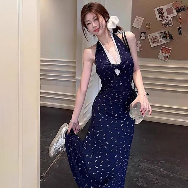 지고다그 여름 홀터넥 플라워 롱원피스 슬림핏 허리스트랩 데일리 데이트룩 YY30685