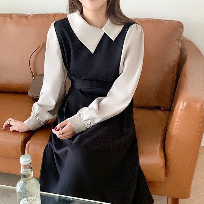 핀디걸 여성 긴팔 캐주얼 하객룩 카라 롱 원피스