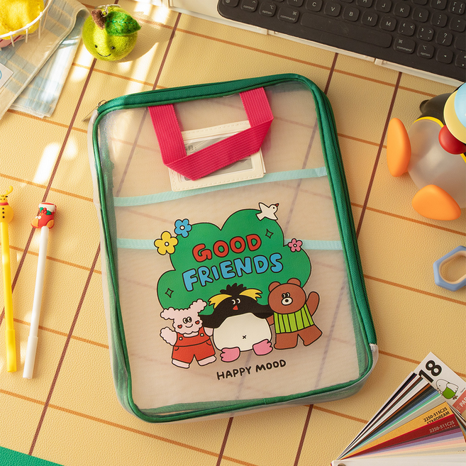 프렌즈 메쉬 캐릭터 지퍼 서류 가방 손잡이 파일케이스 보조가방, 1개, 그린