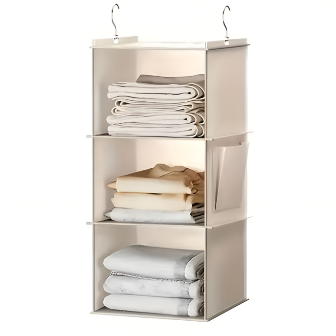 공간절약 옷장 걸이 수납 선반 다층형 의류 정리 보관함, 1개, 베이지 3칸형