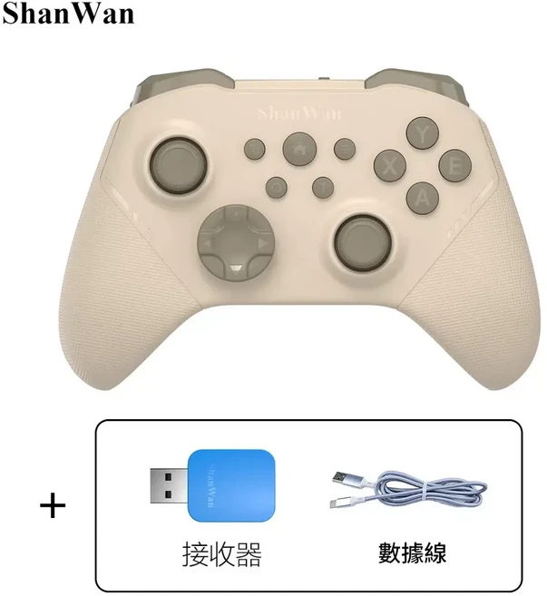 ShanWan 經典Xbox佈局 藍芽無線遊戲手柄 三模連線 六軸陀螺儀 霍爾搖桿, Q34B米黃初雪 充電線 接收器, 1個, T4N