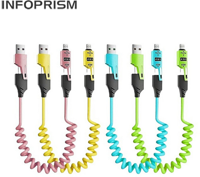 INFOPRISM / 올인원 USB 차량용 충전 스프링 릴 케이블 C타입 8핀 A타입 4 in 1 멀티케이블, 그린, ICC-93 (비닐포장) 1개입, 1개