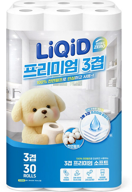천연펄프 화장지 리퀴드 3겹 프리미엄 티슈 두루마리 휴지, 1개, 30개입, 30cm