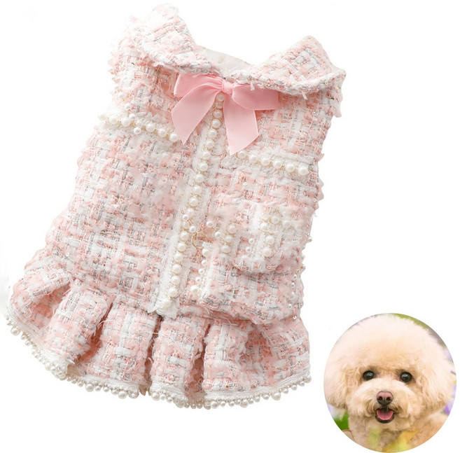 강아지옷 기모체크 트위드공주원피스 반려동물 가을 겨울옷, 1개, 핑크