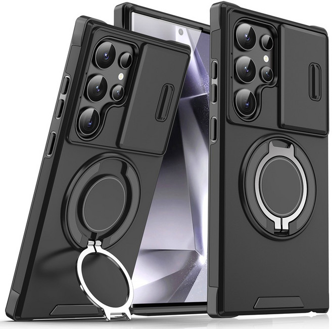Rabbit Technolog 適用三星旋轉支架防摔手機殼 全包邊防磕碰三星手機殼, 黑色,三星S25Ultra, 1個