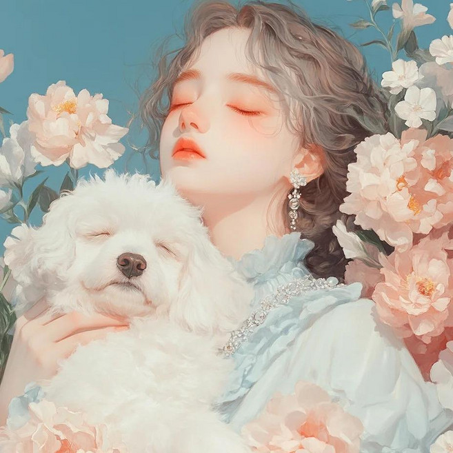 3D보석십자수 DIY키트 꽃속 푸들 고양이 안고 잠든 소녀 캔버스형 액자형 원단형 북유럽 감성 인물화 해바라기 모란꽃 수국꽃 일러스트, 1개, 02 소녀와 푸들 원단형 40*40CM