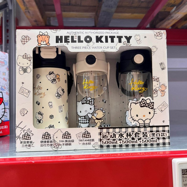 정품 헬로키티 텀블러 세트 물병 세트 스포츠 물병 선물용으로도 좋은 빨대컵, 1개, 1000ml, 블랙 Kitty 물컵 세트
