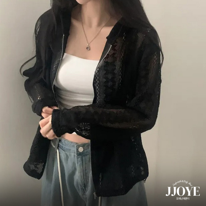 쪼예 데일리 키치 루즈핏 레이스 펀칭 시스루 스트링 후드 집업