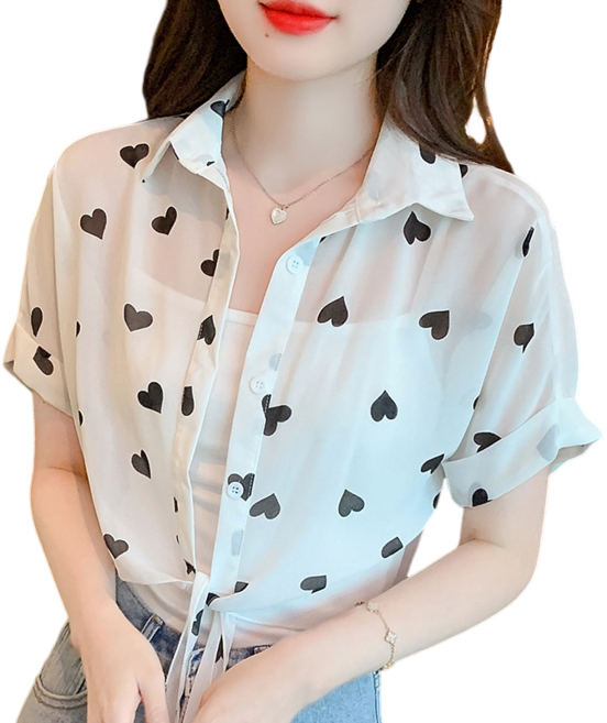 여성용 쉬폰 프린트 숄 쇼트 플라워 반팔 셔츠 뉴타임즈 O589A581
