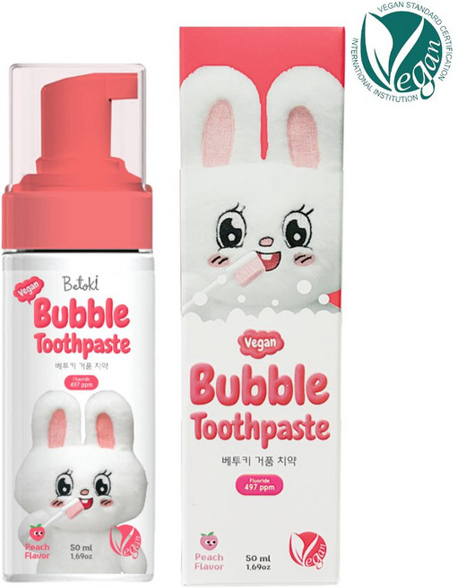 베투키 비건 거품 불소 어린이 키즈 치약 가글 천연 복숭아향, 1개, 50ml
