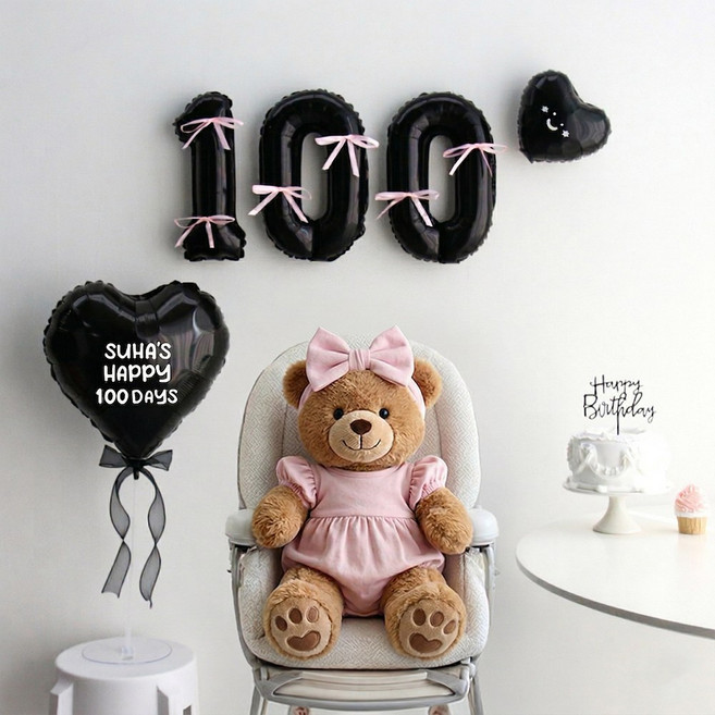 이벤트홀릭 블랙 숫자 리본 기념일 풍선세트(자유레터링), 100, 1개, 리본 핑크