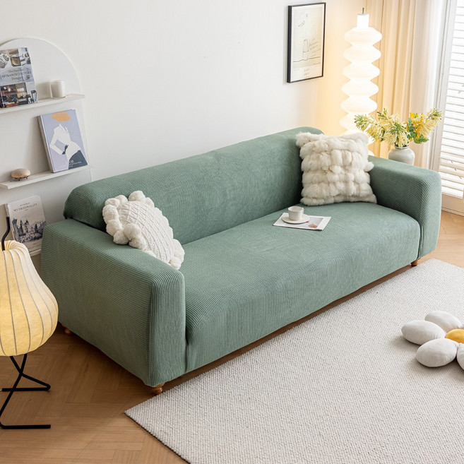 [먼지없는] 커버무드 스트라이프 소파 커버 + 자체제작 고정 스펀지, 1개, 말차 그린