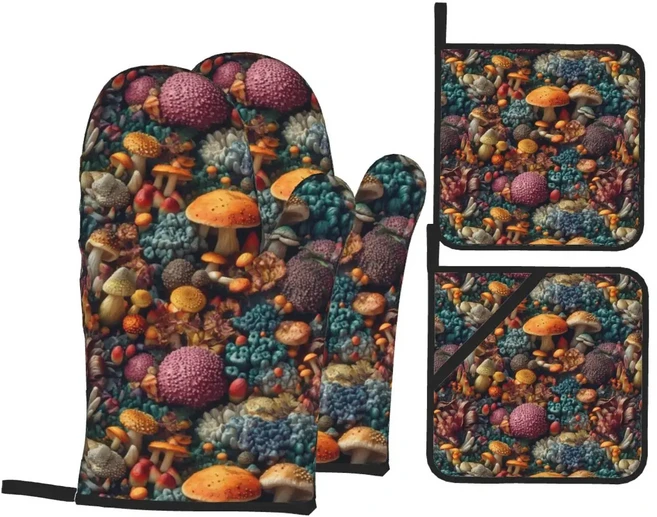 다크 와일드 포레스트 버섯 오븐 및 냄비 홀더 세트 내열성 BBQ 주방 장갑 베이킹 그릴 팟홀더 4 개, 09 8