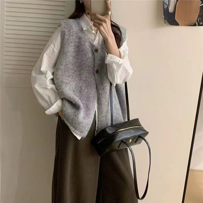 여성 버튼 보송 니트 베스트 데일리 캐주얼 코트