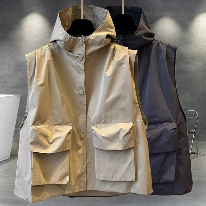 M~6XL 아노락 후드 조끼 남녀공용 바스락 순색 무지 버튼 카고 베스트 민소매 바람막이 점퍼 아웃도어 야상 외투 빅사이즈 단체복 커플룩 데일리&아웃도어