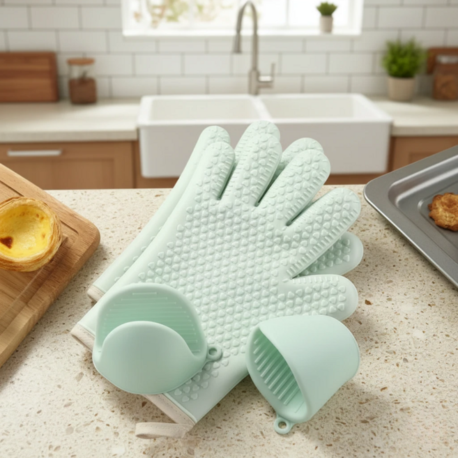 베이킹 오븐 전자렌지 조리 양손 착용 부리형 손가락형 혼합 장갑 세트, 1세트, 민트