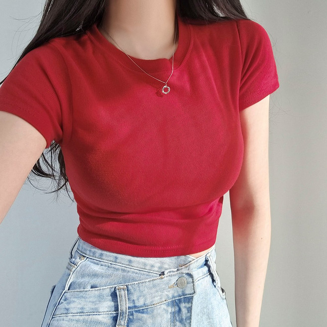 여성용 기본 크롭 라운드 유넥 크롭 반팔티 7A6