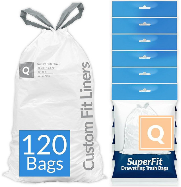 Reli. SuperFit Code Q (120개) | Simplehuman Q와 호환 디스펜서 팩 맞춤형 핏 라이너 드로스트링 쓰레기 봉투 50-65리터 / 13-17갤런 화