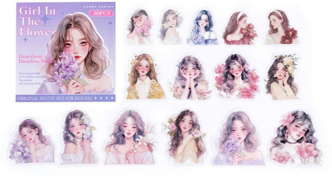 올리브파티 파라다이스걸 시리즈 인물 소녀 감성 빈티지 방수 다꾸 스티커 30매 세트, 1개, 플라워