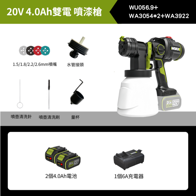 WORX 20V 4.0Ah 雙電噴漆槍 WU056.9+, 1個
